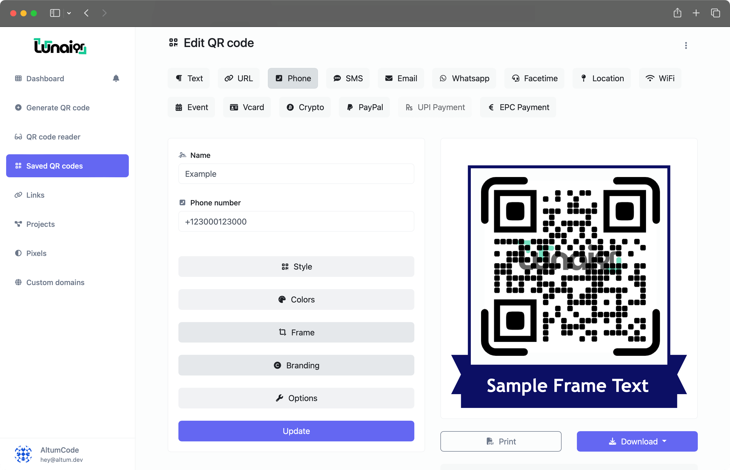 Screenshot of the QR code generator page